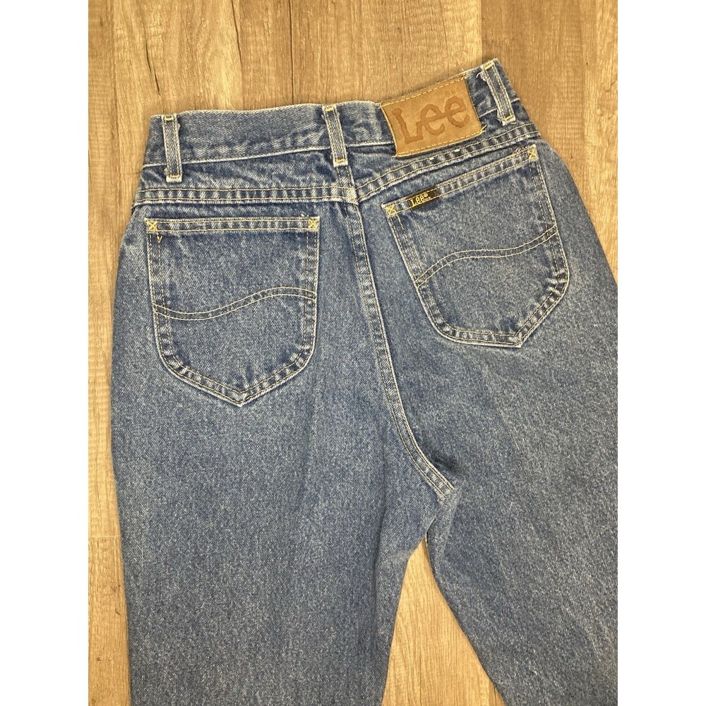 Y2K Vtg Lee Womens 8 Long High Rise Mom Tapered Jeans Blue Denim 25x33 USA Union